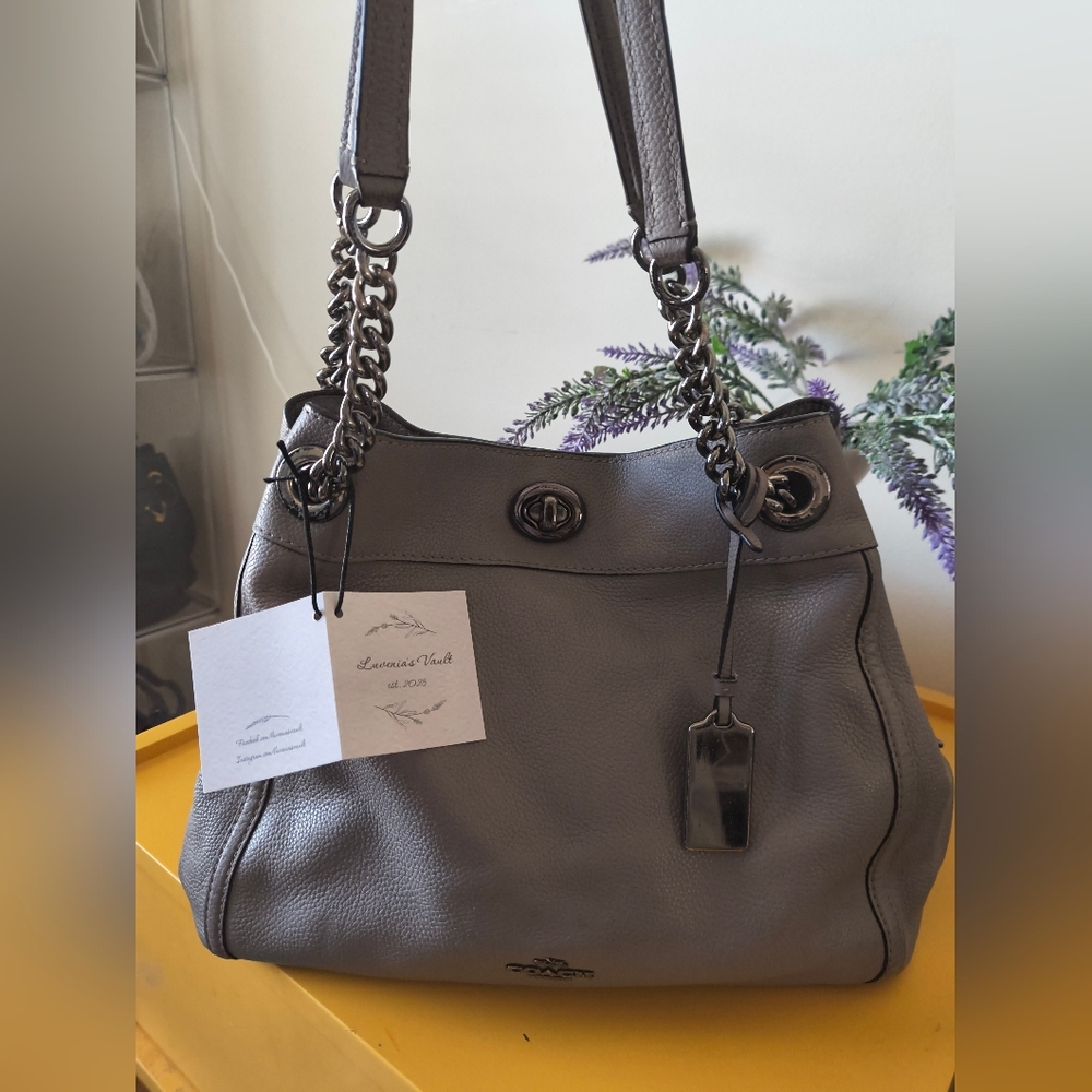 Coach Taupe Grey Madison Phoebe Pebbled Leather Chain Large Shoulder Bag